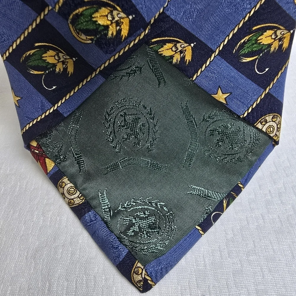 Tommy Hilfiger Fishing Themed Tie Blue Gold And Red Imported Silk Mens